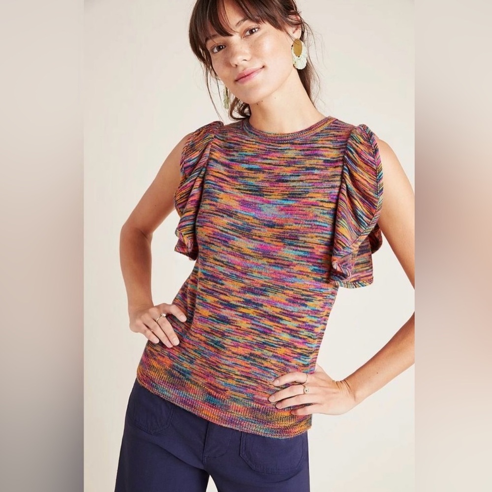 Anthropologie Ruby Flutter-Sleeved Top |‎ Novelty Rainbow Space Dye XS